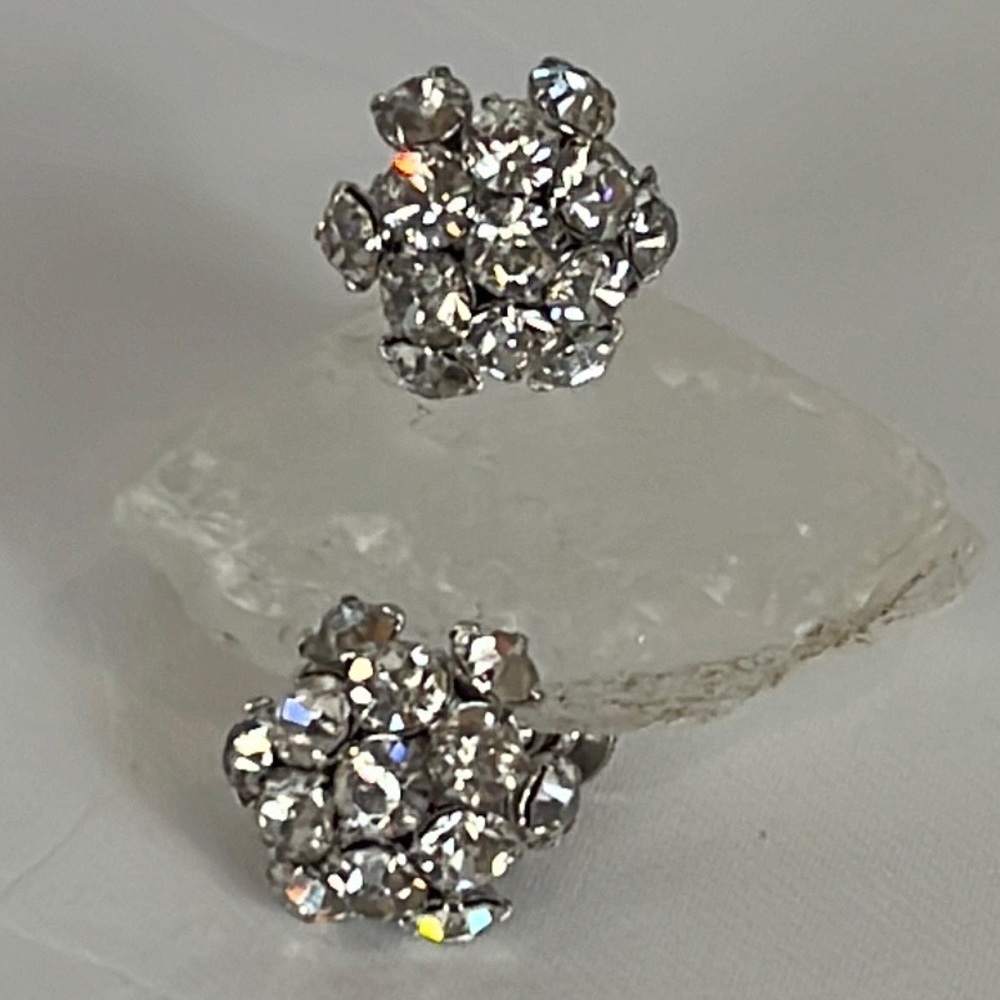 Sherman Vintage Clear Rhinestone Silver Tone Screw Back Earrings